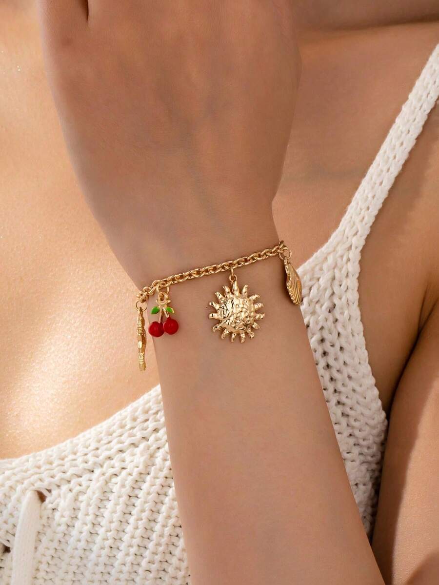 1 件 Y2K 夏季樱桃海星旭日吊坠手链，女士时尚链条手链，配红色辣椒吊坠，适合日常佩戴的 Vocation Vibes 饰品 - 櫻桃辣椒吊墜手鍊 - 查看 1