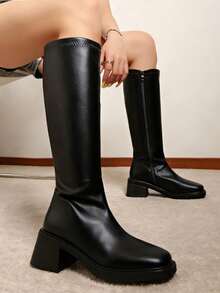 New Autumn/Winter Brown Over-The-Knee Chunky Heel Slim Boots, Classic Black Mid-Calf Riding Boots, Fashion Tall Boots For Women,Party - 黑色 - 查看 5