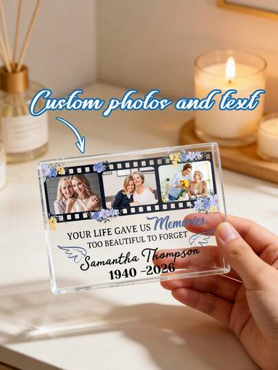1pc Personalized Customized Commemorative Photo Acrylic Ornaments, Customized Photo Text Transparent Acrylic Commemorative Plaques, Commemorative Photo Frame Desktop Decorations, Commemorative Gifts For Family Members, Commemorative/Mother'S Day Gifts, Suitable For Family, Parents, Children, Bedrooms, Living Rooms, Desks, And Home Commemorative Displays
