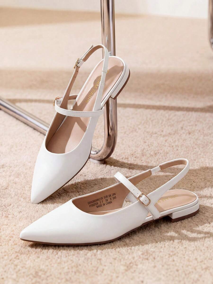 Women Slingback Pointed Toe Flats Mary Jane Ballet Flat With Buckle Strap Low Heel Dressy Flats Modern Lady Chic Shoes - 白色 - 查看 1