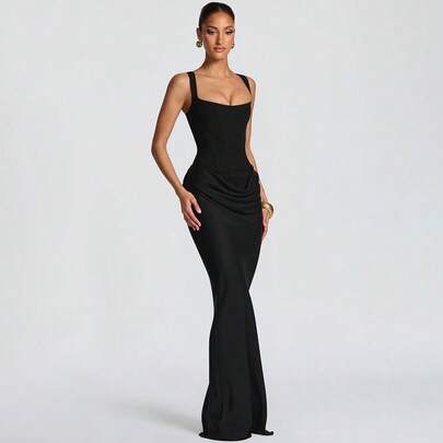 1pc Fashionable Sexy Backless Formal Evening Dress For Women Party Black Summer Elegant