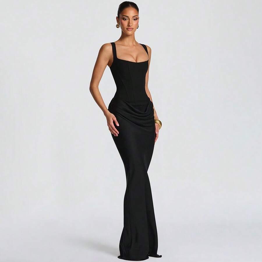 一件时尚性感露背正式晚礼服，适合女士参加派对，黑色，夏季优雅款 - 黑色 - 查看 1