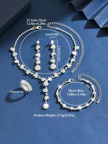 4pcs/5pcs/Set Elegant Crystal Rhinestone Jewelry Set - Earrings And Necklaces, Bracelets, Rings - Suitable For Women's Daily Wear, Weddings, Parties, Etc. - Silver ZT8925 - View 7