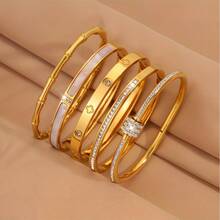 5pcs/Set Personalized Gold Stainless Steel Bangle Bracelet Set, Unique Design, Fashionable Multi-Element, Exquisite Ideal Gift, Anti-Fading Jewelry - CL-5654 - View 3