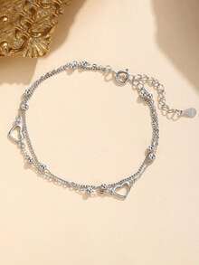 AETOLIA S925 Sterling Silver Double Layer Bracelet For Women Personalized Heart Design White Gold Plated Chain Adjustable - Silver - View 1