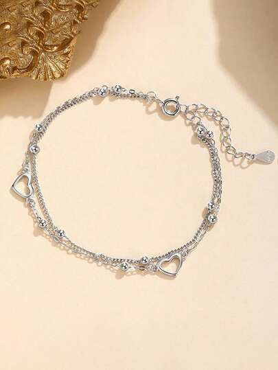 AETOLIA S925 Sterling Silver Double Layer Bracelet For Women Personalized Heart Design White Gold Plated Chain Adjustable