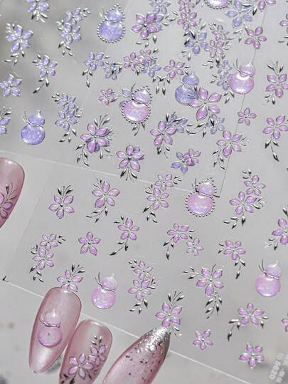 1件装金箔粉色玉葫芦盛开花瓣奢华冰透明美甲饰品装饰自粘5D按压式美甲贴，适合女性东方美甲装饰，可用于节日晚宴等特殊场合