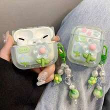 1pc Floral Soft Case For AirPods Pro 2 - Aesthetic Pastel Pink & Green Flower Print Cover With Bead Lanyard,  Spring Design Shell For AirPods 4 3 2 1, Lovely Girly Gift - 小型新鮮綠花 - 查看 2