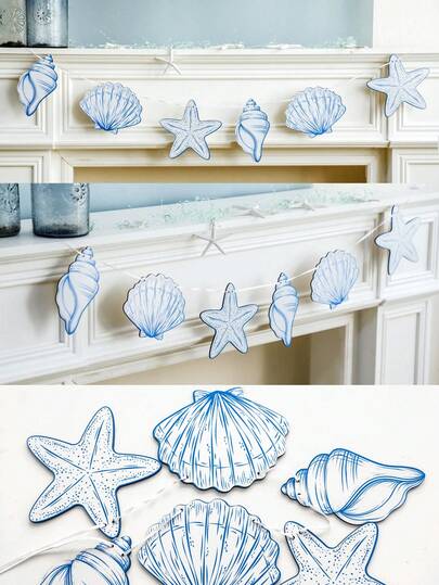1pc Blue Ocean Theme Cute Coastal Decorative Hanging Garland Fresh Aesthetic Wall Decor Nautical Style Starfish And Seashell Shape Mixed Pattern With Line Art Detail Lightweight Hanging Design Easy To Display Decorative Accent For Home Wall Fireplace Mantel Shelf Living Room Bedroom Bathroom Beach Party Summer Decor Photo Prop Scene