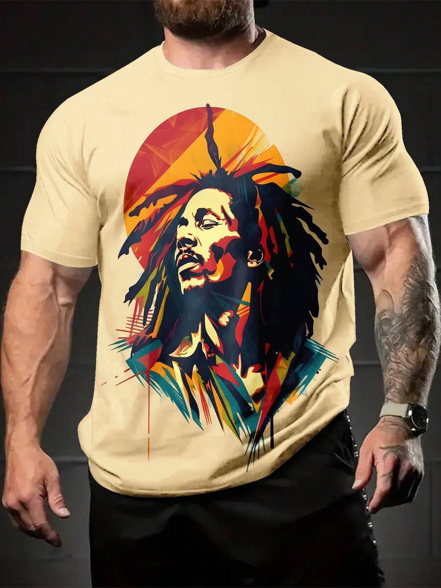 Men's Reggae-Inspired T-Shirt With Vibrant Dreadlock Character Print, Breathable, Regular Fit For Casual Summer Wear And Weekend Outings, Weekend Shirt | Casual Style | Machine Washable - 彩色 - 查看 1