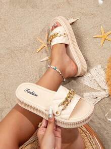 女士金色爱心装饰套脚拖鞋，适合旅行、海滩、室内外休闲穿着 - 杏色 - 查看 4