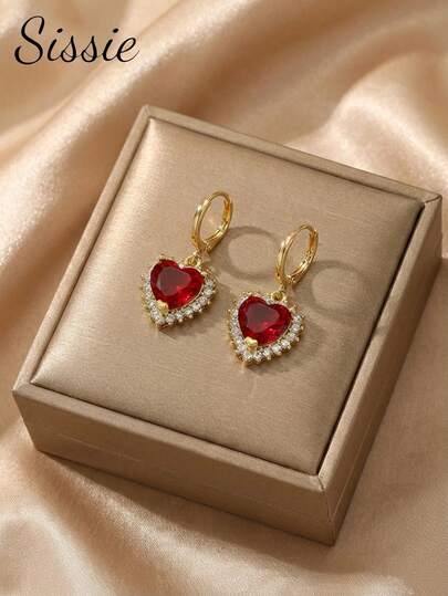 1pair Exquisite Luxurious Heart-Shaped Red Crystal Earrings Idea Gift For Anniversary Valentine's Day Mother's Day Engagement Marriage Wedding For Mom Girlfriend Girls