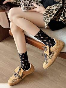 1/5/10 Pairs Women Leopard Print Sailor Socks, Cute Comfortable Breathable Moisture-Wicking Socks, Fun Gift, Creative Campus Style Socks For Women, Winter, Valentine's Day Gift - Crew Socks - View 4
