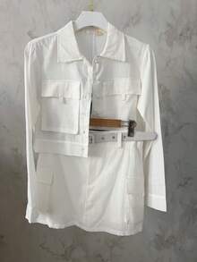 Casual Linen Shirt And Skort Set | With Belt And Pockets | Breathable Fabric - trắng - Xem 1