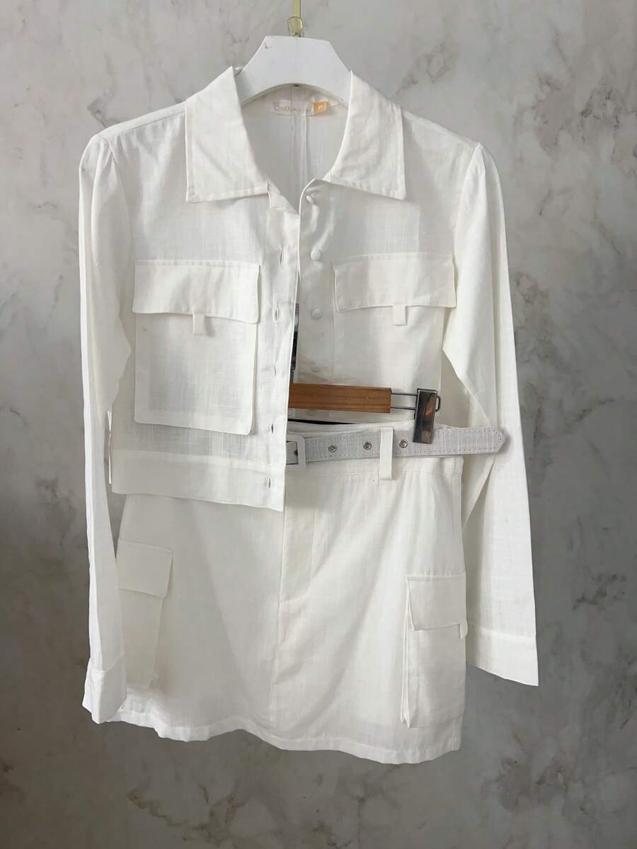 Casual Linen Shirt And Skort Set | With Belt And Pockets | Breathable Fabric - trắng - Xem 1
