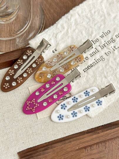 New Millefleur Flower Rhinestone Acetate Seamless Bangs Clip Ins Side Clip Hair Accessory