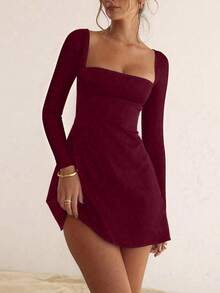 性感甜心领长袖修身迷你连衣裙，春夏新款优雅 - 酒紅色 - 查看 3