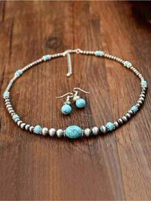 Conjunto de joyería vintage de color plata antiguo con collar de turquesa retro, aretes estilo país occidental y cuentas - Multicolor - Ver 11