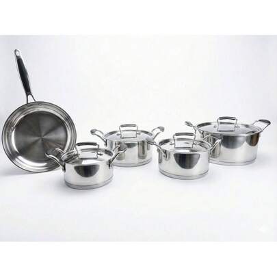 batería de cocina de 9 piezas de acero inoxidable de alta calidad , 4 ollas con tapa  y 1 sarten, material resistente y duradero, compatible con todas las fuentes de calor incluyendo inducción