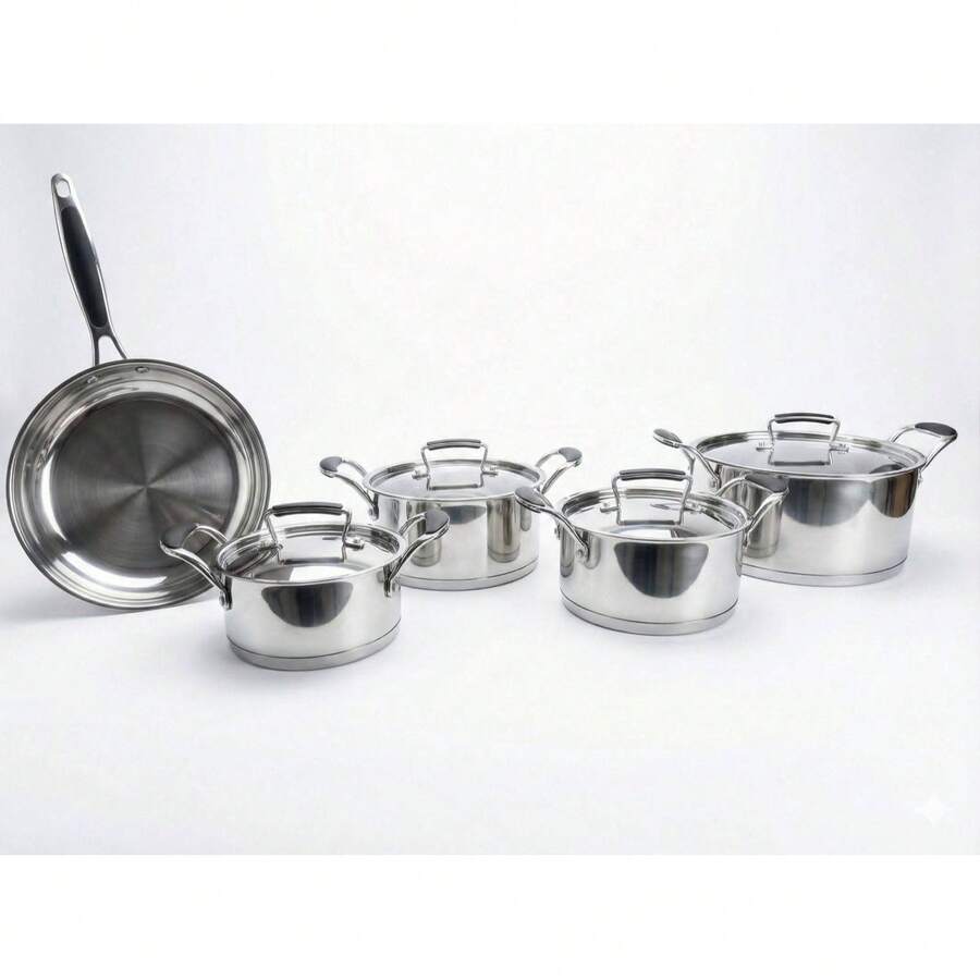 batería de cocina de 9 piezas de acero inoxidable de alta calidad , 4 ollas con tapa y 1 sarten, material resistente y duradero, compatible con todas las fuentes de calor incluyendo inducción - Plateado - Ver 1