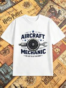 Spring "Aircraft Mechanic" Graphic Print T-Shirt, Soft Cotton, Graphic Design, Casual, Breathable - 白色 - 查看 2