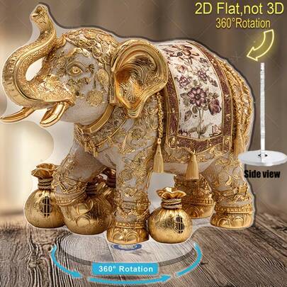 تمثال فيل دوار مسطح ذهبي مع كيس نقود - رمز ثراء مسطح ثنائي الأبعاد، مناسب لديكور المنزل/المكتب والاستخدام، هدية حظ جيد فاخرة، عرض عيد الميلاد والازدهار، تصميم مسطح ثنائي الأبعاد