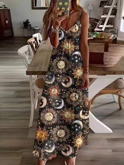 女士时尚宽松休闲太阳、月亮和星星印花复古彩色波西米亚风印花长裙，适合女士夏季度假、海滩派对