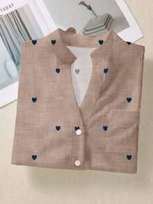 Women's Romantic Heart Print Long Sleeve Button-Up Shirt With Pockets, Suitable For Autumn, Winter And Spring - Coffee Brown - View 4