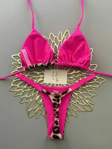 两件套几何与热带花卉印花泳衣，休闲可爱优雅性感波西米亚风系带比基尼，适合春夏海滩度假，女士套装，沙滩装，女士比基尼，女士沙滩套装 - 豹紋 - 查看 3