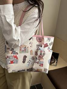 2026新款涂鸦大容量休闲手提包，通勤上学皆宜，女士款 - 粉色 - 查看 2