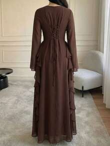 Đầm dài tay ôm dáng thanh lịch dành cho nữ, chất liệu chiffon, màu cà phê, thích hợp cho mùa xuân/hè. - Cà phê - Xem 6