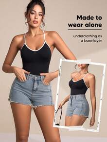Women's Solid Color Elastic Simple Everyday Matching Slim Fit Spaghetti Strap Contrast Color Hem Bodysuit Black Summer - Black - View 1