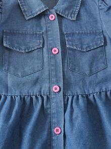 Young Girl Denim Dress, Summer New Cute Bow Puff Sleeve Lapel Knee-Length Princess Cake Dress - Blue - View 6