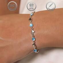 1pc Elegant & Fashionable 925 Sterling Silver Heart Shaped Cubic Zirconia Bracelet, Suitable For Daily Wear, Banquet, Party, Holiday, Date, Gift - Blue - View 5