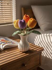 手工钩织3D郁金香花束，逼真仿真花，情人节礼物 - 彩色 - 查看 1