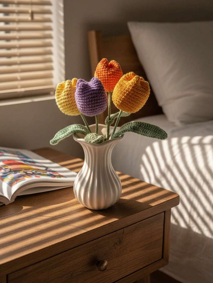 手工钩织3D郁金香花束，逼真仿真花，情人节礼物 - 彩色 - 查看 1