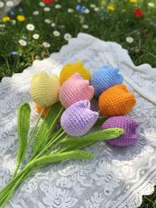 手工钩织3D郁金香花束，逼真仿真花，情人节礼物 - 彩色 - 查看 8