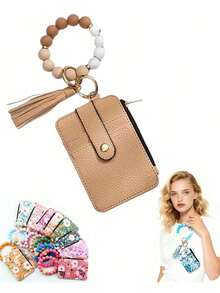 Silicone Beaded Bracelet Wristband With PU Leather Mini Wallet - Vintage Tassel Card Holder Keychain, Holds ID Credit Business Card, Perfect Gift For Women Birthday Christmas Thanksgiving Vacation - Black - View 6