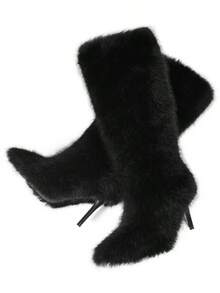 Women'S Faux Fur Knee High Boots Pointed Toe Thin Heel Parties Dress Warm Winter Boots For Christmas - màu đen - Xem 8