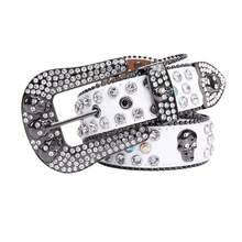 1PC Skull Rhinestone Leather Belt, Bling Crystal Studded Waist Belt, Western Style Punk Belt For Men & Women, For Jeans, Halloween, Parties, Nightclub, Adjustable Eye-Catching Fashion Belt For Daily & Costume Use - 黑底 白鑽 - 查看 5
