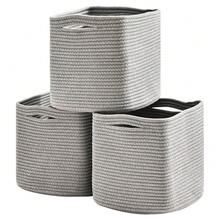11 Inch Cube Storage Bins, 11x11 Organizer Bins For Cube Organizer, Square Cloth Storage Cubes, Woven Storage Baskets For Shelves, Toy Rope Baskets Storage , Grey (Pack Of 3) - 灰色 - 查看 1