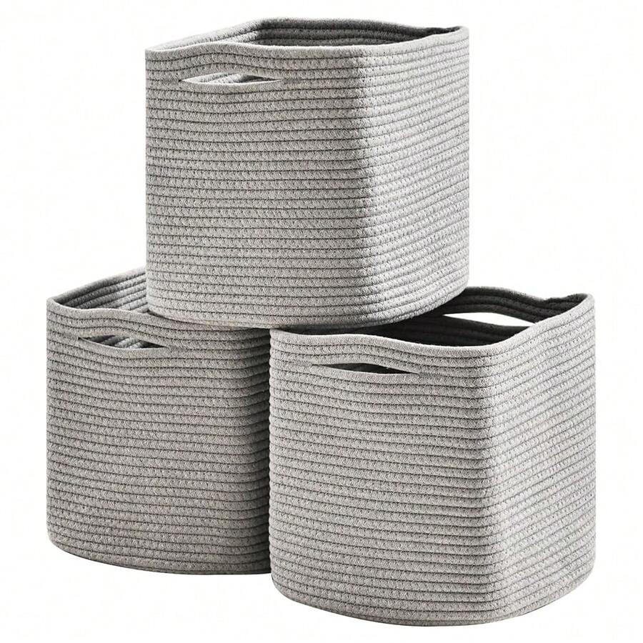 11 Inch Cube Storage Bins, 11x11 Organizer Bins For Cube Organizer, Square Cloth Storage Cubes, Woven Storage Baskets For Shelves, Toy Rope Baskets Storage , Grey (Pack Of 3) - 灰色 - 查看 1