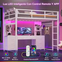 Cama alta full, Cama alta full con escritorio y luces LED, Estación de carga y estantes de almacenamiento, Base de cama de metal resistente con protección y escalera, No necesita somier, ahorra espacio - Blanco - Ver 4