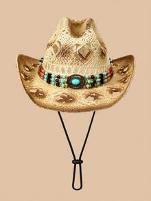 1pc Unisex Turquoise Decor Dyeing Printed Ridge Hollow Out Wide Brim Boho Hand Woven Travel Shade Breathable Adjustable Chin Strap Cowgirl Hat Windproof Rope Casual Travel Shade Handmade Beach Hat Cowboy Hat Sun Hat Straw Hat - Beige - View 8