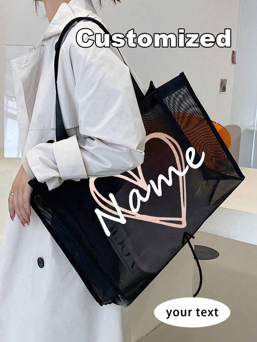 Sac fourre-tout en maille personnalisable et sac cosmétique, votre propre conception, nom personnalisé, logo, texte, sac pliable de grande capacité pour femmes, sac à main mode léger, sac à bandoulière, sac de courses décontracté, sac cadeau classique, personnalisable, convient pour le mariage, l'anniversaire, les vacances à la plage, l'usage personnel ou le cadeau pour les amis, la mère, l'enseignant, la Saint-Valentin - Multicolore - Voir 1