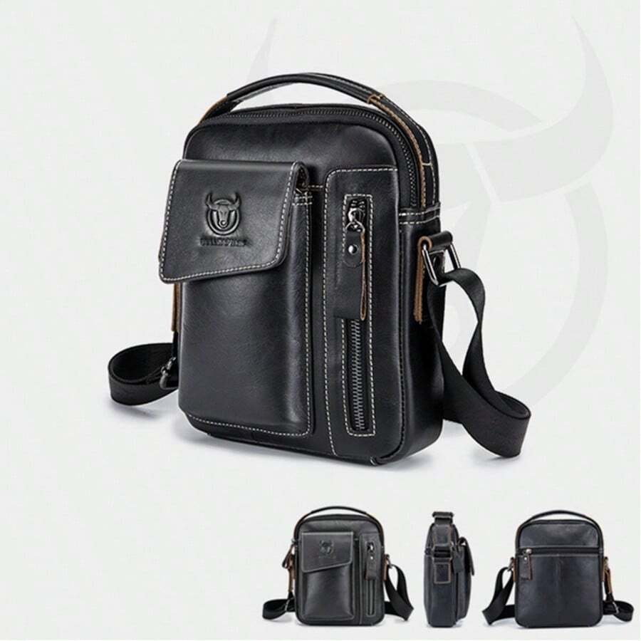 Leather Shoulder Bag/Crossbody Travel Bag For Men And Women, Small Messenger Bag, Cell Phone Pocket, Shoulder Holster, Passport Holder - 黑色 - 查看 1