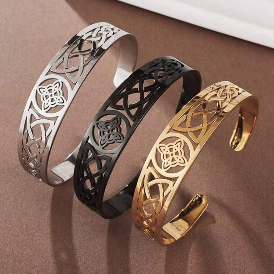 1件极简主义不锈钢手镯，复古镂空C形开口手镯，适合作为礼物送给朋友、家人和女性。 - 花紋手鐲 - 查看 1