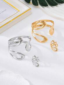 2pcs Fashionable & Elegant Smooth Bangle Bracelet & Ring Jewelry Set, Gift For Women, Party & Banquet - Bracelet and Ring Set - View 4