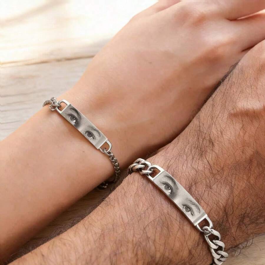 Customized Engraved Eye Picture Bracelet, Stainless Steel Laser Engraved DIY Couple Bracelet Gift - Silver 2 - View 1