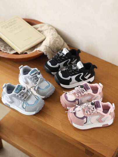 1 Pair Soft Sole Anti-Slip Mesh Breathable Lace-Up Sports Shoes For Little Girls And Boys, Toe Protection, Comfortable And Versatile, Suitable For All Seasons, Lightweight Casual Sneakers